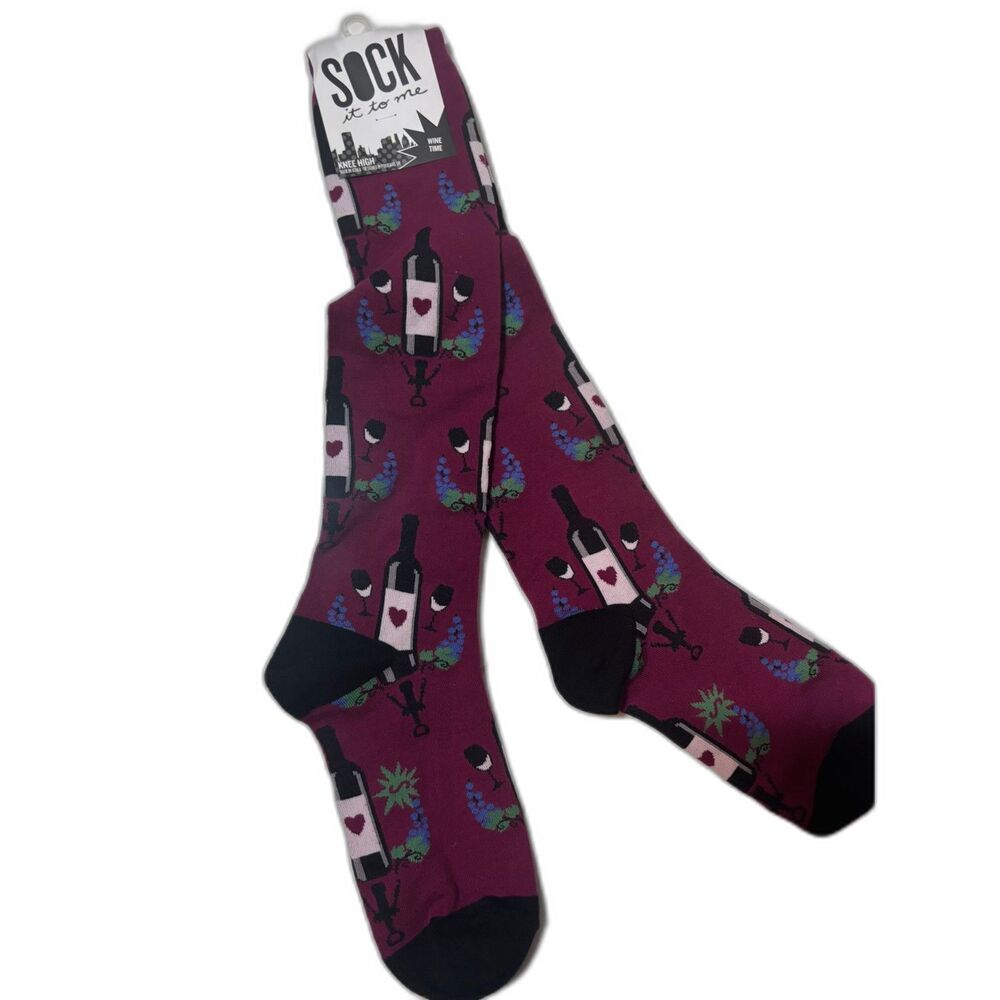 Sock It To Me Wine Time Knee High Socks Wine Bottle Grapes Burgundy New w/Tags